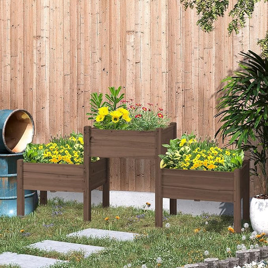 Outsunny Raised Garden Bed with 3 Planter Box, Elevated Wooden Plant Stand with Drainage Holes, for Vegetables, Herb and Flowers, Coffee