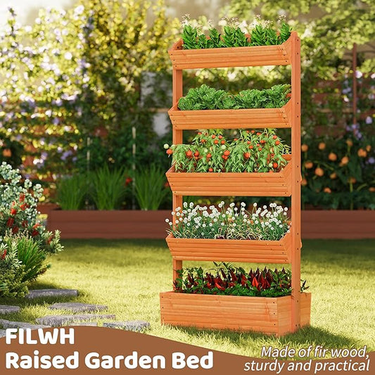 FILWH Wooden Raised Garden Bed Vertical Planter Box, Freestanding Plant Stand for Indoor Outdoor Plants, Herbs, Flowers, Vegetables, Gardening (Reddish Brown, 5-Tier,29.9 x 17.9 x 68in)
