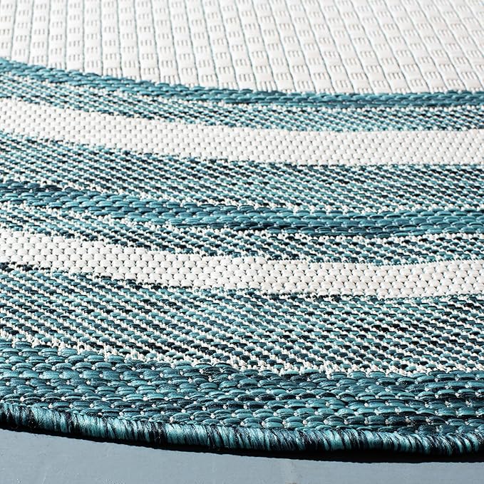 SAFAVIEH Washable Rug Outdoor Courtyard Collection - 10' Round, Ivory & Teal, Non-Shedding & Easy Cleaning, Ideal for Patio, Backyard, Mudroom (CY8475-53512)