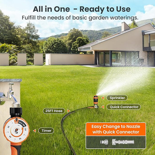 Giraffe Tools Garden Hose 5/8", Water Hose Heavy Duty, Flexible, Lightweight Hybrid Hose with Swivel Handle, with Water Timer Nozzle and Yard Sprinkler, 25ft Male to Female Fittings, Burst 600 PSI