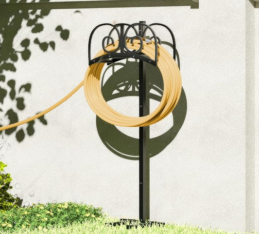Upgraded Garden Hose Holder Stand with 4 Spikes - Heavy Duty Water Hose Reel, Hose Organizer, Holds 150ft Hose for Outside Yard Lawn, Black