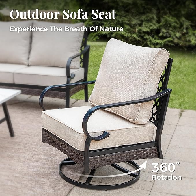 Patio Furniture Set with 56'' Fire Pit Table, Black Metal Frame Outdoor Conversation Set with 2 x Fixed Chairs, 2 x Swivel Chairs, 1 x 3-Seat Sofa for Lawn Garden Backyard, Beige