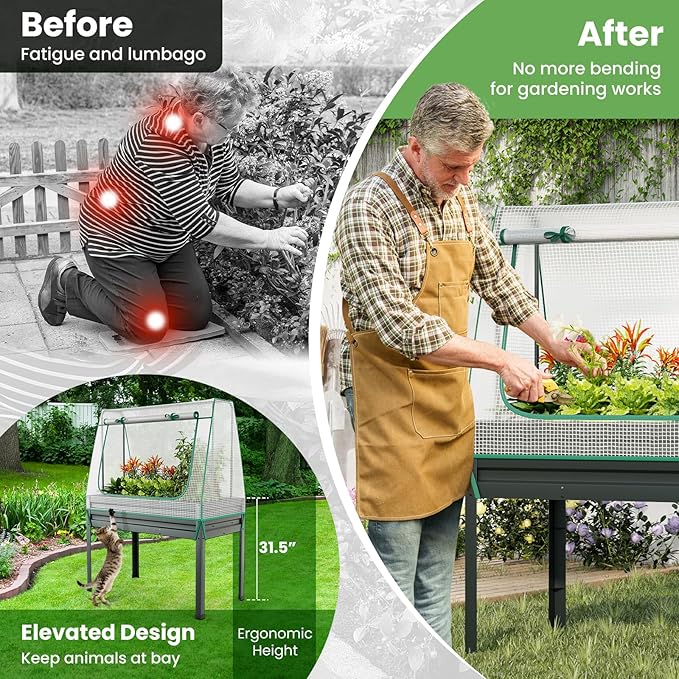 Giantex 3-in-1 Raised Garden Bed with Greenhouse Cover & Trellis Rope, Galvanized Metal Elevated Planter Box w/ Legs, Drainage Holes, 46”x23.5”x59” Raised Bed for Flower Herb Vegetable, Easy Assembly