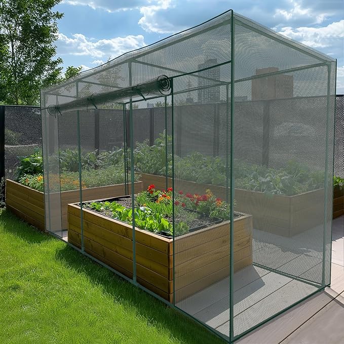 SUNYRISY Garden Plant Netting Crop Cage for Garden Raised Bed, 9.8 x 3.3 x 6 Ft Plant Cover Cage Protectors from Animal for Outdoor Plants with Frame and Zippered Door