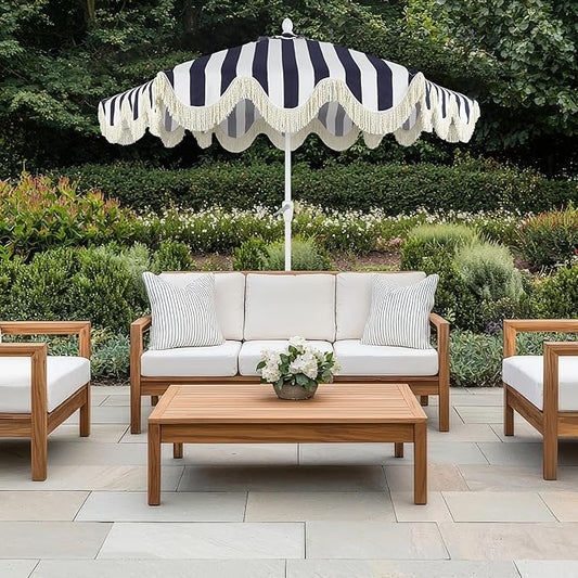 JONATHAN Y UMB1001 Collins 9 ft. Classic Cottage Tassel Market Patio Umbrella with Auto-Tilt, Crank, Wind Vent and UV Protection