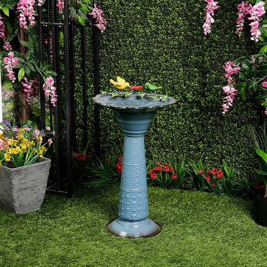 Alpine Corporation ORS112BL Vintage Metal Pedestal Birdbath with Stand, Shallow Bird Bath Bowl for Outside, 28" H, Blue
