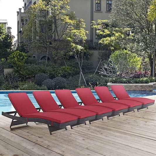 Modway Convene Wicker Rattan Outdoor Patio Chaise Lounge Chairs in Espresso Red - Set of 6