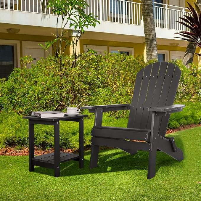 Meluvici Double Adirondack Side Table Weather Resistant, Outdoor Rectangular End Table for Adirondack Chair, Black with Wood Grain