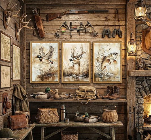 3Pcs Framed Rustic Outdoor Wildlife Canvas Wall Art,Watercolor Deer Duck And Fish Wall Decor Pictures,Vintage Farmhouse Hunting Posters Prints,for Living Room Bathroom Kitche Home Decoration