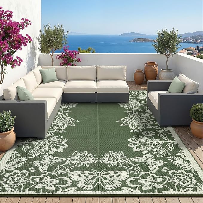 Garvee Outdoor Rugs 9' x 18’ Waterproof Reversible Mats, Large Area Plastic Straw Rug, Outside Carpet, Butterfly Floral Rv Mat for Patio Camping Picnic Backyard Deck Balcony Porch Beach Trailer