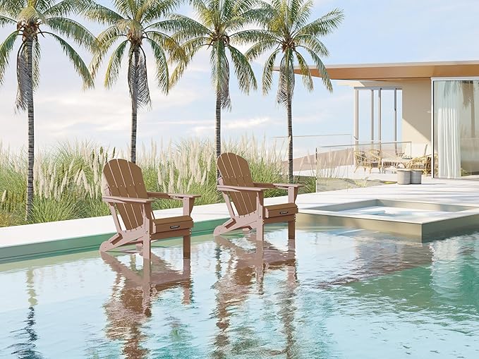 MUCHENGHY Folding Adirondack Chairs Set of 2, Patio Chairs, Lawn Chairs, Outdoor Chair, Adirondack Chair Plastic, Fire Pit Chairs, Weather Resistant with Cup Holder for Deck, Backyard, Garden(Teak)