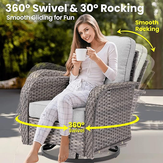 ovios 9 Pieces Patio Furniture Set, Outdoor Wicker Sofa Couch with Rocking Swivel Chairs Fire Pit Table, Modern Deep Seat Rattan Conversation Sets for Porch Deck, Grey