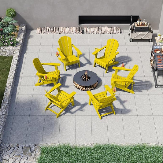 Folding Adirondack Chairs with Cup Holders, Set of 6 HDPE Plastic Outdoor Chairs, Weather Resistant, Real Wood Look, Heavy-Duty Patio Furniture for Deck, Fire Pit, Backyard, Yellow