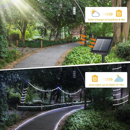 200 LED Solar Rope Lights Outdoor, 66FT Solar String Lights Indoor Waterproof Solar Powered Trampoline Light Clear Tube Pool Light for Camping Fence Yard Walkway Path Garden Outside Decor(White