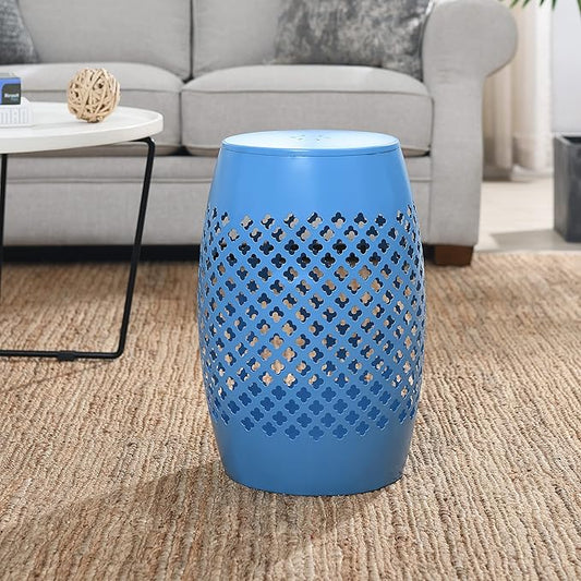AC Pacific Outdoor Indoor Lace-Cut Iron Drum Side Table, Powder-Coated, Unique and Versatile Metal Pedestal Stand, Modern Contemporary Accent Piece, Blue