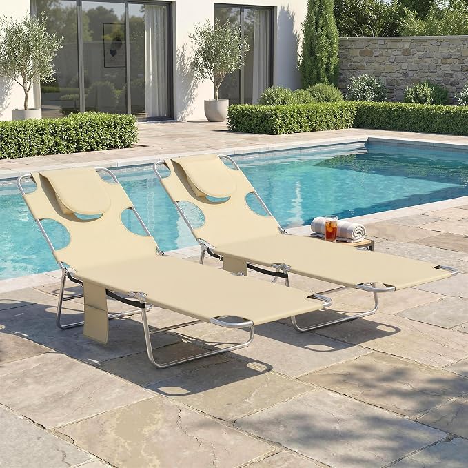 Outsunny Chaise Lounge Chair Outdoor Set of 2 w/Face Arm Hole Beige | 5-Position Reclining, Face Down, Carry Strap, Side Pocket, Portable, Folding Tanning Bed Cot, for Patio Beach Pool