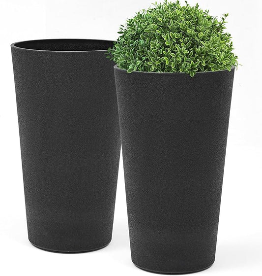 24" Resin Planters Set of 2 Outdoor Large Plant Pot Tall Flower Pots for Indoor Plants Garden Pot w/Drainage Hole Obsidian Leather Planter for Porch, Patio, Deck Living Room Home Decor