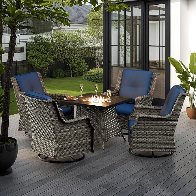 5-Piece Patio Furniture Set Includes 4 Swivel Rocker Chair and 1 Fire Pit, Wicker Conversation Set with Cushion Blue
