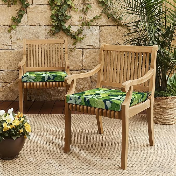 LVTXIII Outdoor Chair Cushions 19"x19"x2" Pack of 2, Water-Repellent Square Corner Memory Foam Seat Cushions with Ties for Garden Patio Furniture, Jungle Leaves