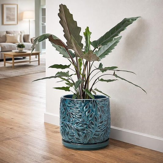D'vine Dev 8 Inch Embossed Leaves Stoneware Planter Pot with Drainage Hole and Saucer, Ocean Teal, 27-A-Q-8