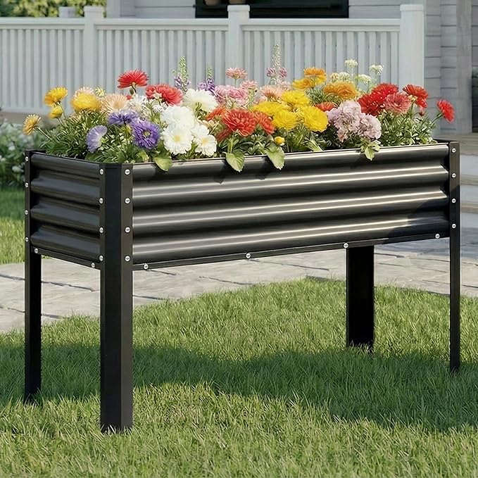 Galvanized Raised Garden Bed with Legs, 48×24×32in Large Metal Elevated Raised Planter Box with Drainage Holes for Backyard, Patio, Balcony, 400lb Capacity,Black