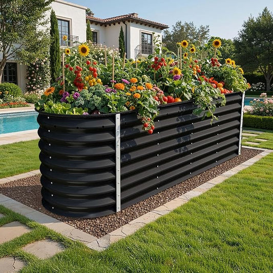 YITAHOME 8x2x2ft Large Raised Garden Bed Kit, 24" Tall 9 in 1Galvanized Metal Planter Box with Gloves and Safety Rubber, Outdoor Above Ground Planters for Plants Vegetables Flowers, Black
