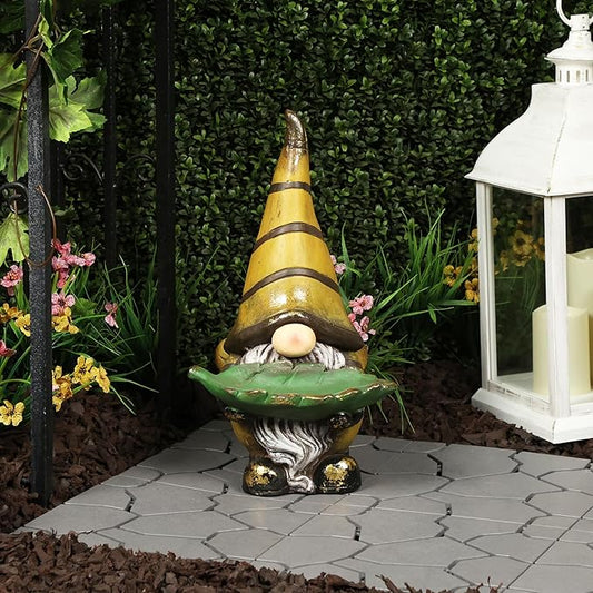 Alpine Corporation MCC854 Vintage Gnome Holding Leaf Bird Feeder with Hat, Playful Decor for Garden & Patio, 19" H, Yellow
