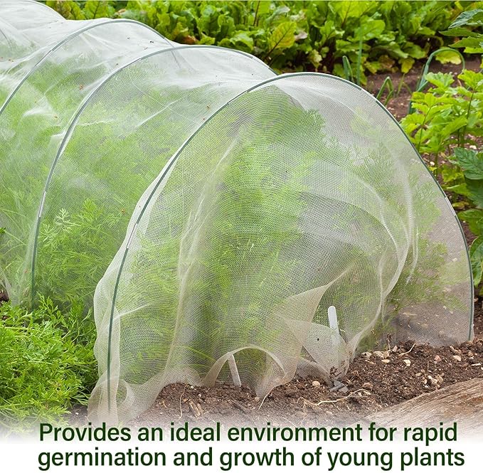 Woanger 2 Sets Garden Mesh Netting Kit Plant Cover with 100 Garden Hoops 72 Clips 80 Connectors Fine Mesh Netting Protection for Plant Vegetable Fruits Flowers Greenhouse(10 x 20 Ft)