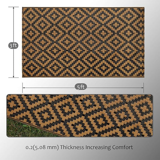 SAND MINE Reversible Mats, Plastic Straw Rug, Modern Area Rug, Large Floor Mat and Rug for Outdoors, RV, Patio, Backyard, Deck, Picnic, Beach, Trailer, Camping, Black & Brown, 3' x 5'