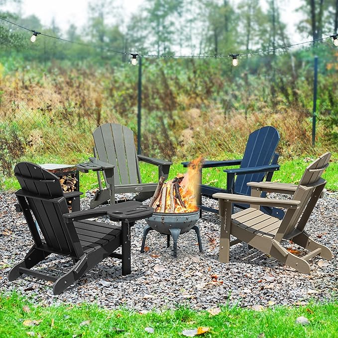Adirondack Chair Set of 2, HDPE Folding Adirondack Chair with Multifunctional Cup Holder, Weather Resistant Fire Pit Chair for porches, patios, patios, poolsides, Decks.