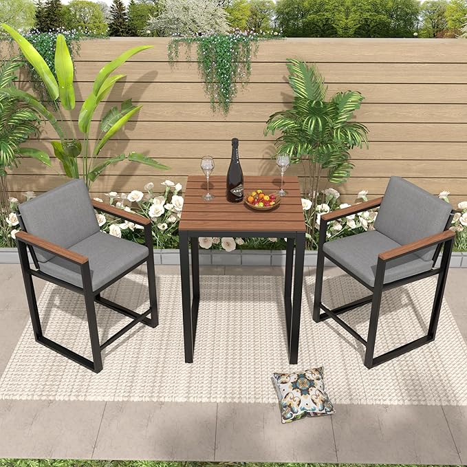 NATURAL EXPRESSIONS 3-Piece Bar Table and Chairs Set, Outdoor Bar Set with Fauxwood Armrest, Water-Resistant and Removable Cushion, All Weather Bar Height Patio Table and Chairs for Backyard, Home