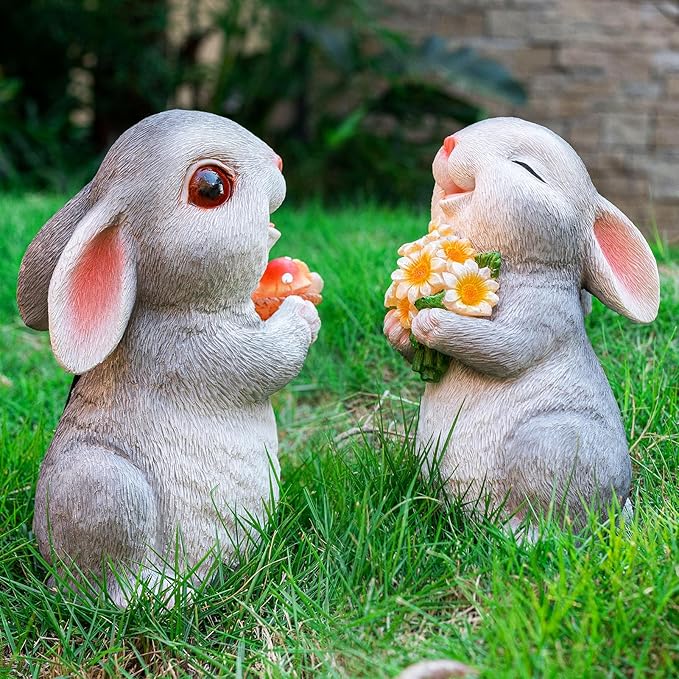 Solar Rabbit Garden Statues Outdoor Bunny Decor Resin Bunny Figurine Holding Mushroom with LED Lights for Porch Patio Lawn Yard Christmas Birthday Housewarming Gardening Gifts for Mom Grandma