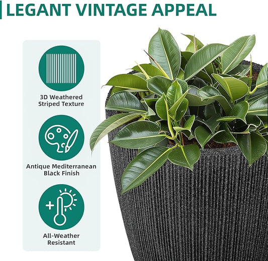 19.1" H Mediterranean Black Round Planter for Outdoor Plants,Set of 2 Large Flower Pot with Drainage Hole,Weather-Resistant for Porch,Garden,Patio or Indoor Use, Ideal for Christmas Decoration.