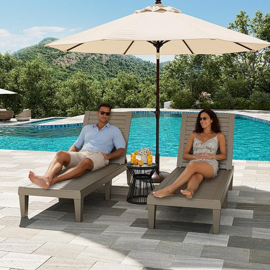 Outdoor Lounge Chair Set of 2, 5-Positions Adjustable Patio Chaise Lounges, Waterproof Tanning Chairs for Poolside, Backyard, Scratch-Resistant & Easy to Clean (Grey Striped, Set of 2)