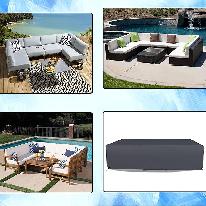 Covers & All Patio Sectional Sofa Set Cover 160 GSM PVC Emboss Fabric Outdoor Furniture Table and Chair Set Cover with Drawstring for Snug Fit (108" W x 82" D x 28" H, Grey)
