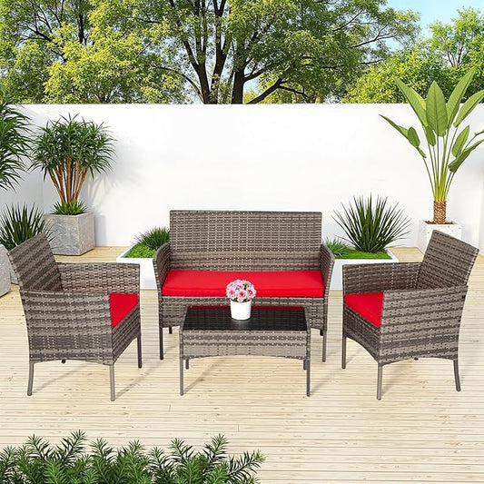 FDW Outdoor Patio Furniture Set Wicker Patio Set PE Rattan Furniture Bistro Set for Outdoor Indoor Use with Loveseats Coffee Table, Red Cushions, 4 Pieces