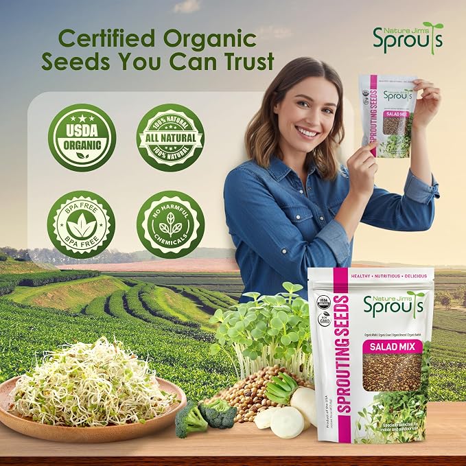 Nature Jim’s Sprouts Organic Salad Mix – Non-GMO Microgreen Seeds, Perfect for Growing Nutritious Organic Broccoli, Alfalfa, Radish & Clover Sprouts – Easy Indoor/Outdoor Home Sprouting Seeds – 1lb