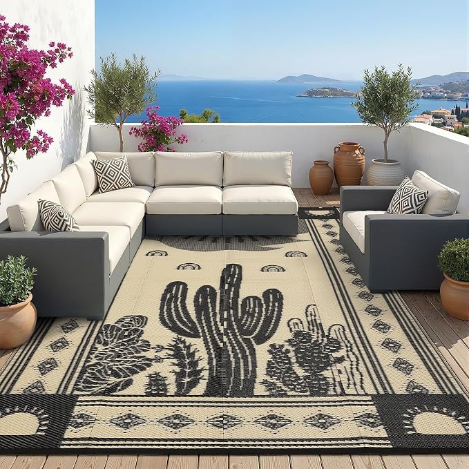 Garvee Reversible Cactus Outdoor Rug 8x10 for Patio, Waterproof Outdoor Area Rug, Modern Desert Botanical Indoor Outdoor Rugs, Plastic Straw Rug for RV, Camping, Deck, Black & Brown