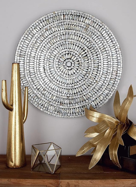 Deco 79 Mother of Pearl Shell Plate Handmade Home Wall Decor Mosaic Wall Sculpture, Wall Art 27" x 3" x 27", Silver