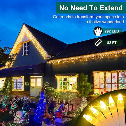 792 LED Christmas Lights with 176 Drops,82ft 8 Modes Fairy Hanging String Lights with Timer Waterproof, Plug-in Christmas String Lights for Holiday Wedding Party Christmas Decorations(Warm White)