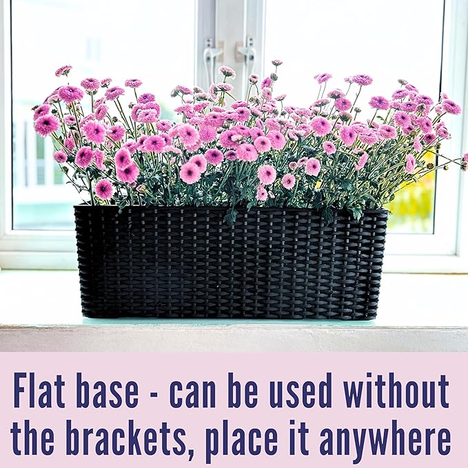 LaLaGreen Outdoor Rail Planter for Balcony (20 Inch, 2 Pack) Large Black Self Watering Deck Railings Planters with Brackets, Rectangular Plastic Fence Flower Box Designer Choice with Rattan Pattern