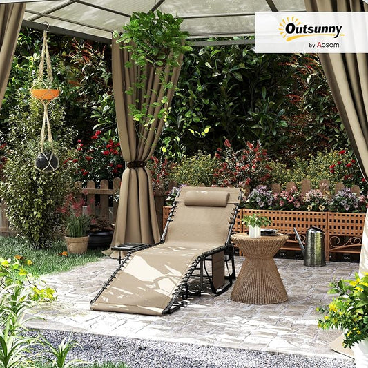 Outsunny Folding Chaise Lounge Chair Outdoor Tanning Chair Beige | Side Table, 5-Level Adjustable Beach Lounger, Headrest, Side Pocket, Patio Backyard Beach Poolside
