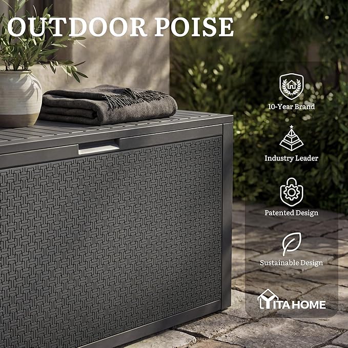 YITAHOME 95 Gallon Large Outdoor Deck Box, Lockable Waterproof Resin Storage Box with Handles, Weatherproof & UV Resistant, Patio Garden Tool Container for Outdoor Furniture, Dark Grey