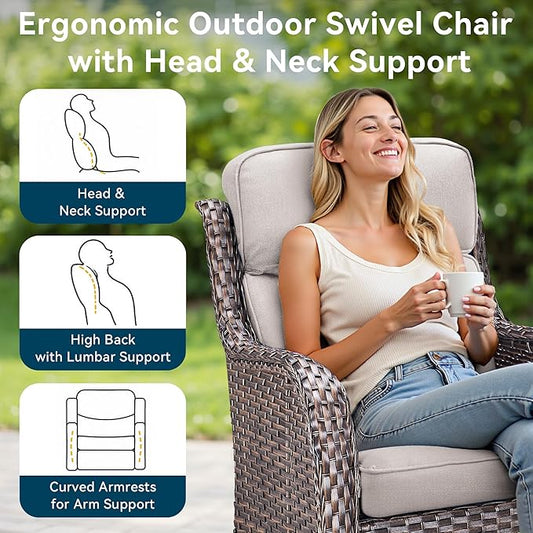 Luxury High Back Outdoor Furniture with 6-Inch Thick Cushions, Patio Furniture Set with Swivel Chairs, 5 PCS Wicker Conversation Set for Porch, Balcony, Deck and Yard