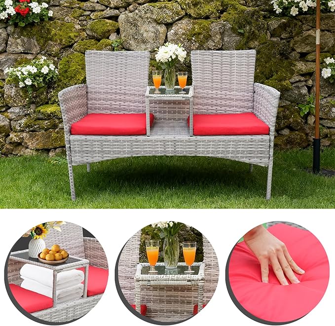 Outdoor Wicker Loveseat with Built-in Coffee Table, Patio Rattan Chair Conversation Set with Soft Cushions & Free Dust Cover for Lawn, Garden, Backyard (Grey Wicker & Red Cushions)
