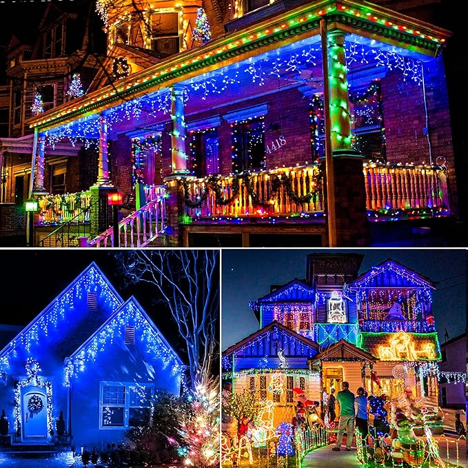 Christmas Icicle Lights Outdoor 66 FT 640 LED Icicle Lights Plug in Conenectable Hanging Christmas Light for Outside Holiday Pavilion Balcony House Decorations, Blue