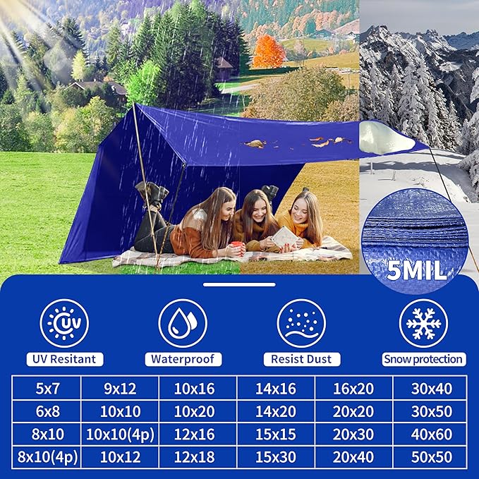 Tarp 6x8 ft 100% Waterproof Uv Resistant High Durability Multipurpose 5mil Blue Tarp for Covering Courtyards, Cars, Camping, Gardens, Pet Nests -by MVPNET