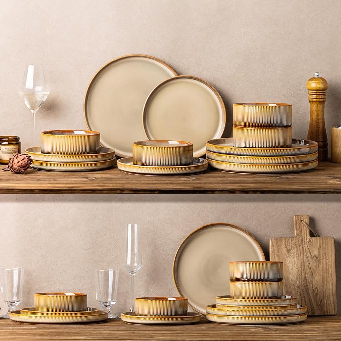 TheTerra Ceramic Dinnerware Sets for 8, 24 Pieces Porcelain Lightweight Plates and Bowls Sets, Scratch Resistant Dish Set, Oven & Microwave & Dishwasher Safe, Creamy Amber
