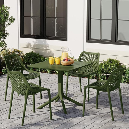 Costaelm 5 Piece Patio Dining Set, HDPE Patio Square Bistro Table and Stackable Chairs Sets for 4, Outdoor Furniture All Weather for Backyard Poolside, Olive Green