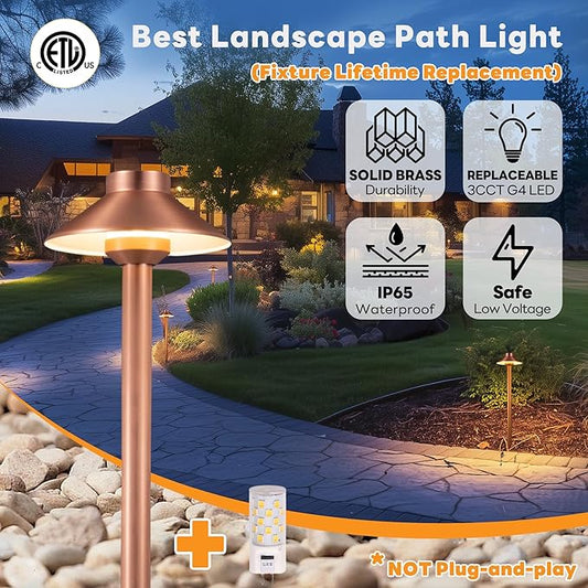 Gardenreet Low Voltage Landscape Lighting Brass, 2700K/3000K/4000K Adjustable 12v Pathway Lights Waterproof, Copper Path Light for Exterior Area Patio House with 3W 270LM G4 Bulb (6 Pack)